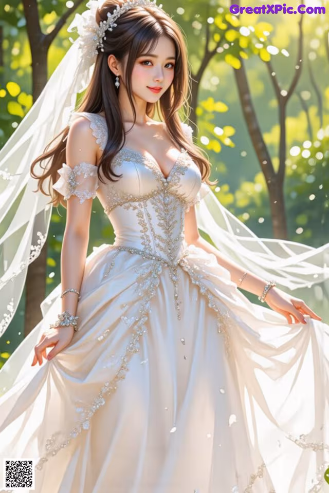 a woman in a wedding dress standing in the woods