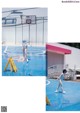 A woman in a bathing suit standing on a basketball court.