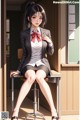 A woman in a school uniform sitting on a chair.